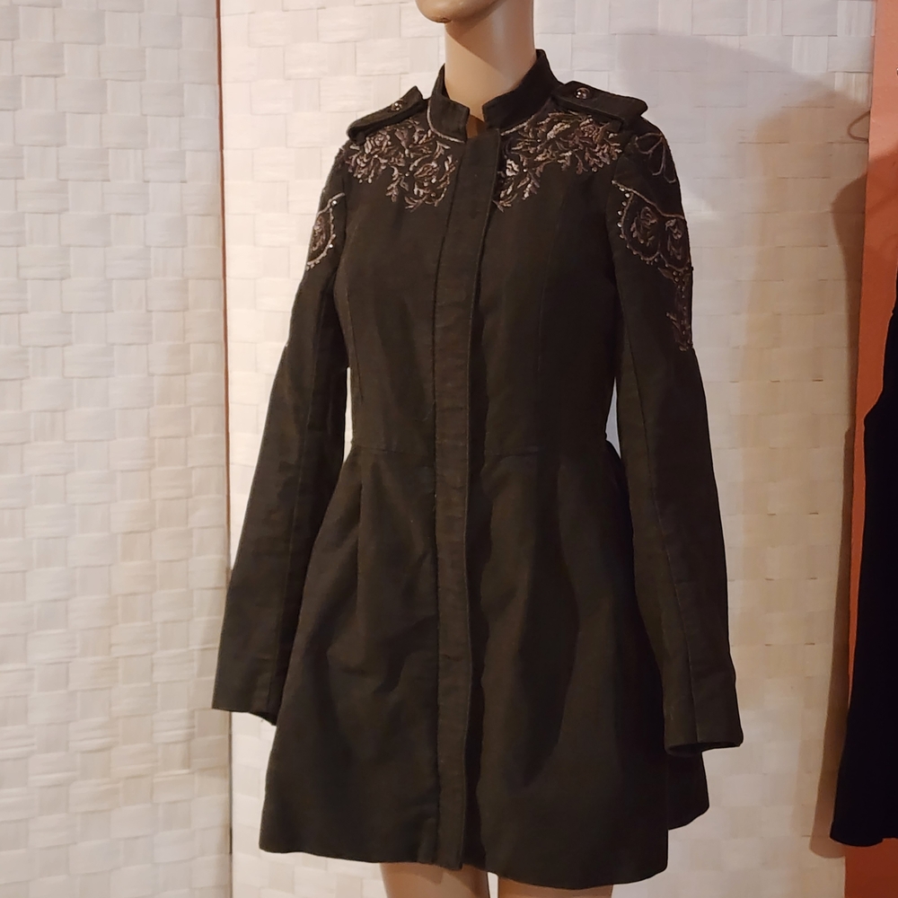 Free People Black Coat with Pink Embroidery